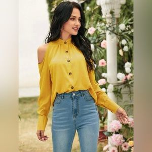 Sold! Cold Shoulder Button Front Blouse with mock neck